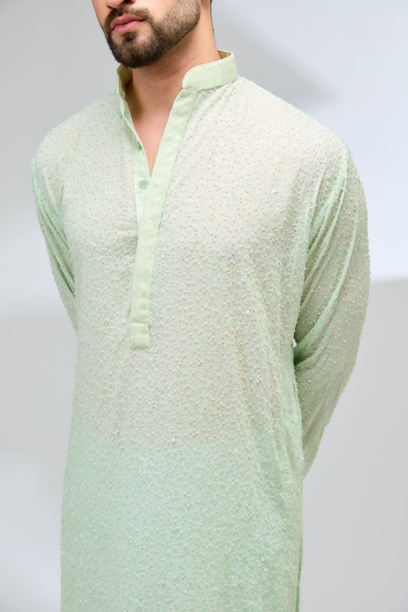 MINT GREEN GEORGETTE FULLY EMBROIDERED KURTA WITH PANTS
