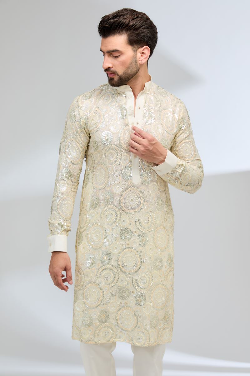 IVORY GEORGETTE FULLY SEQUINS EMBROIDERED KURTA WITH PANTS