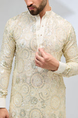 IVORY GEORGETTE FULLY SEQUINS EMBROIDERED KURTA WITH PANTS