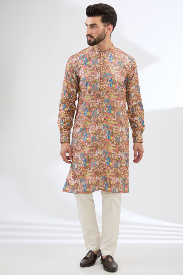 MULTI YELLOW GANESHA PRINT KURTA WITH PANTS