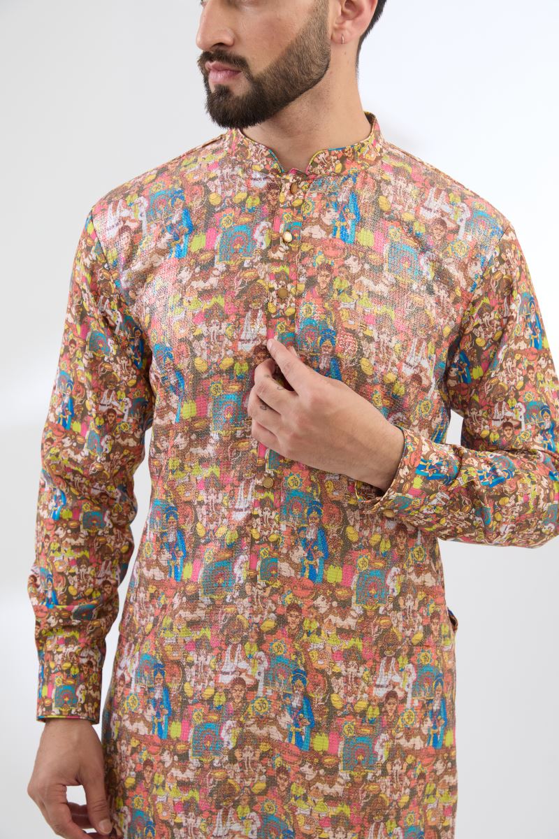 MULTI YELLOW GANESHA PRINT KURTA WITH PANTS