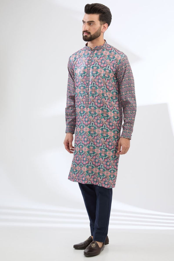 MULTI BLUE SWAN PRINT KURTA WITH PANTS