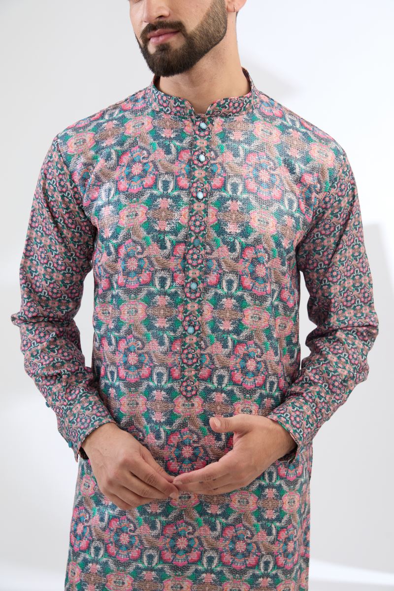 MULTI BLUE SWAN PRINT KURTA WITH PANTS