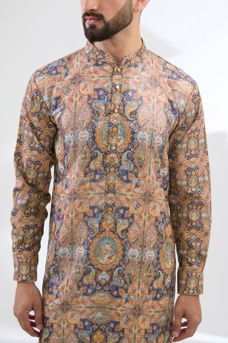 MULTI BLUE BIRD PRINT KURTA WITH PANTS