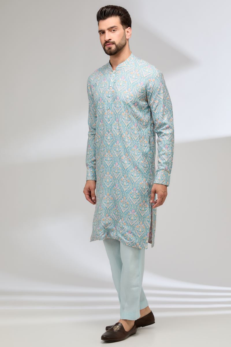 TURQUOISE THREAD WORK FULLY EMBROIDERED KURTA WITH PANTS
