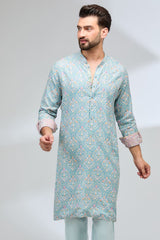 TURQUOISE THREAD WORK FULLY EMBROIDERED KURTA WITH PANTS