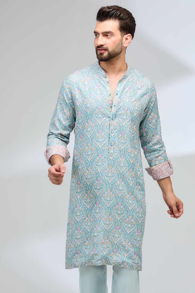 TURQUOISE THREAD WORK FULLY EMBROIDERED KURTA WITH PANTS