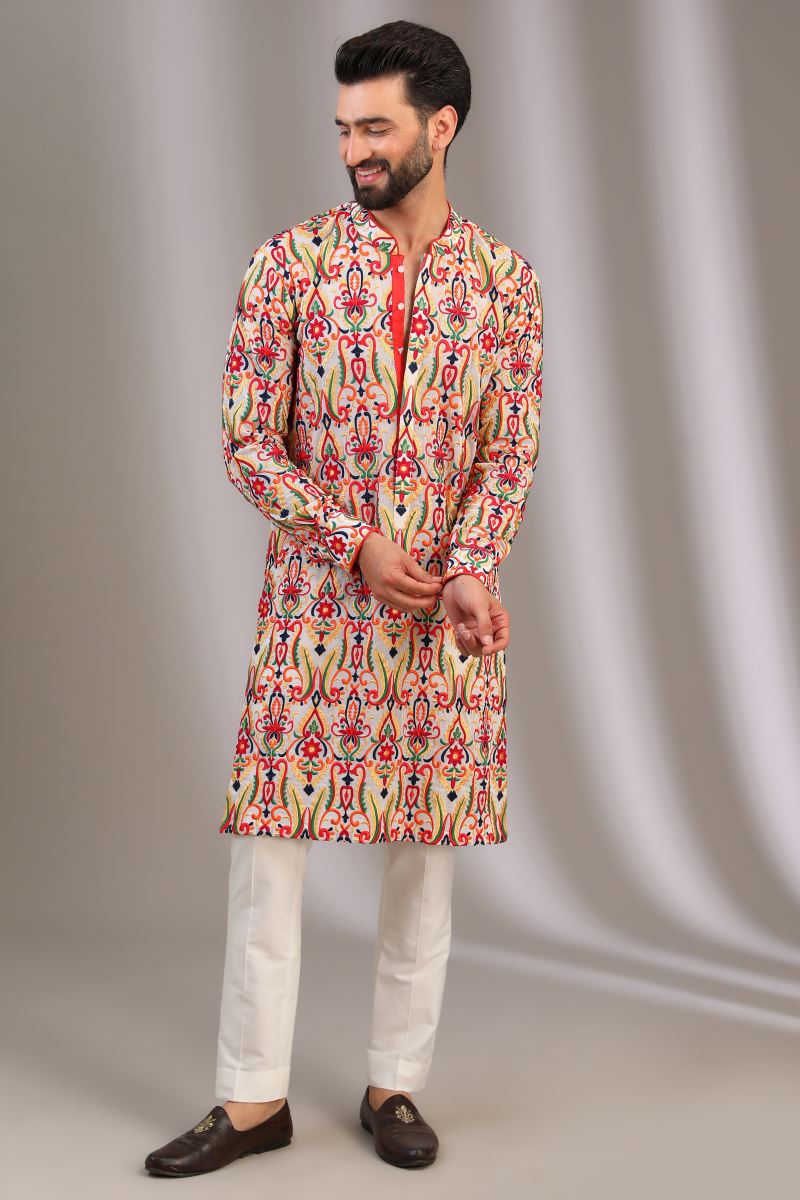 IVORY MULTI COLOR THREAD JAAL KURTA WITH PANTS