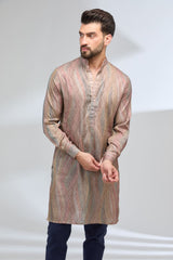 TAUPE SILK MULTI COLOR THREAD WORK JAAL KURTA WITH PANTS
