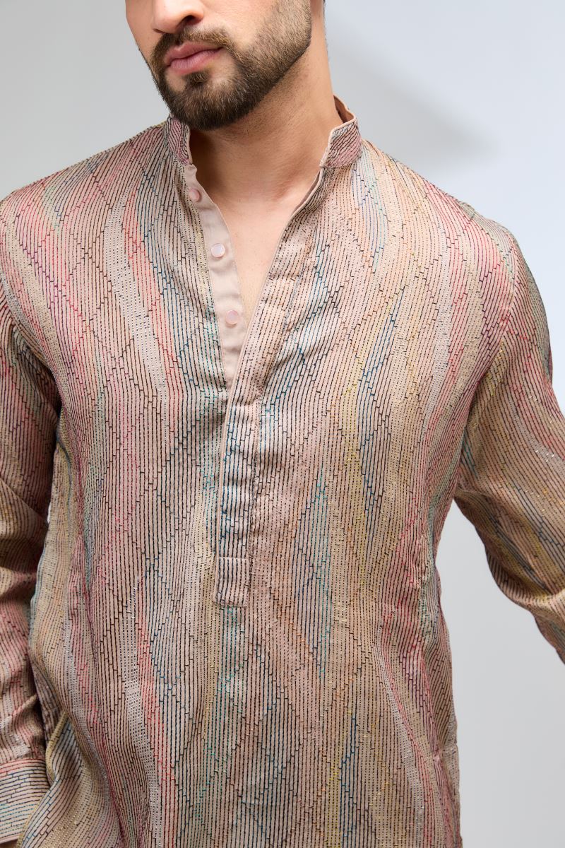 TAUPE SILK MULTI COLOR THREAD WORK JAAL KURTA WITH PANTS
