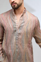 TAUPE SILK MULTI COLOR THREAD WORK JAAL KURTA WITH PANTS