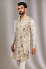IVORY FRONT MIRROR WORK, BACK & SLEEEVS SEQUINS BOOTI UNLINED KURTA WITH PANTS