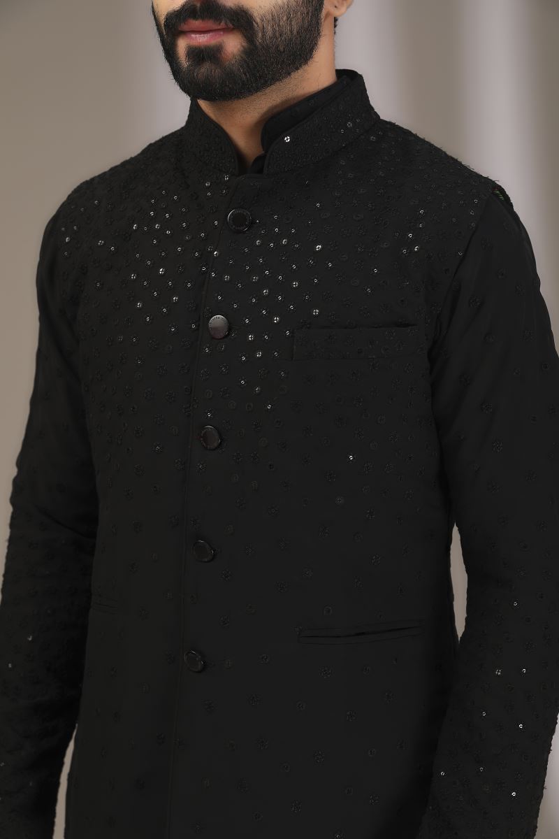 BLACK NARGIS BRUST KURTA WITH BUNDI AND PANTS