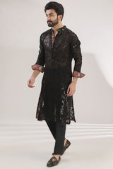 BLACK FULLY EMNROIDERED KURTA WITH BUNDI AND PANTS