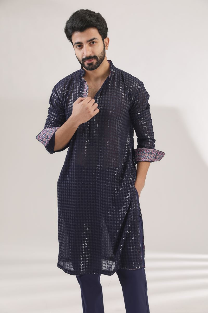 BLUE FULLY EMNROIDERED KURTA WITH BUNDI AND PANTS