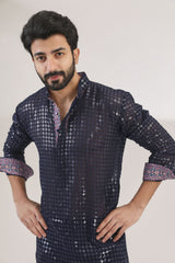 BLUE FULLY EMNROIDERED KURTA WITH BUNDI AND PANTS