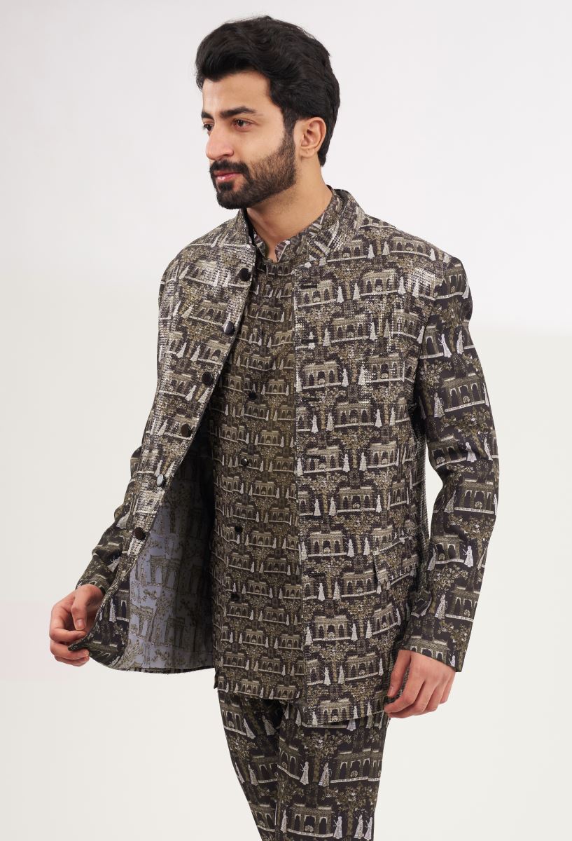 BLACK PRINTED BANDGALA SET