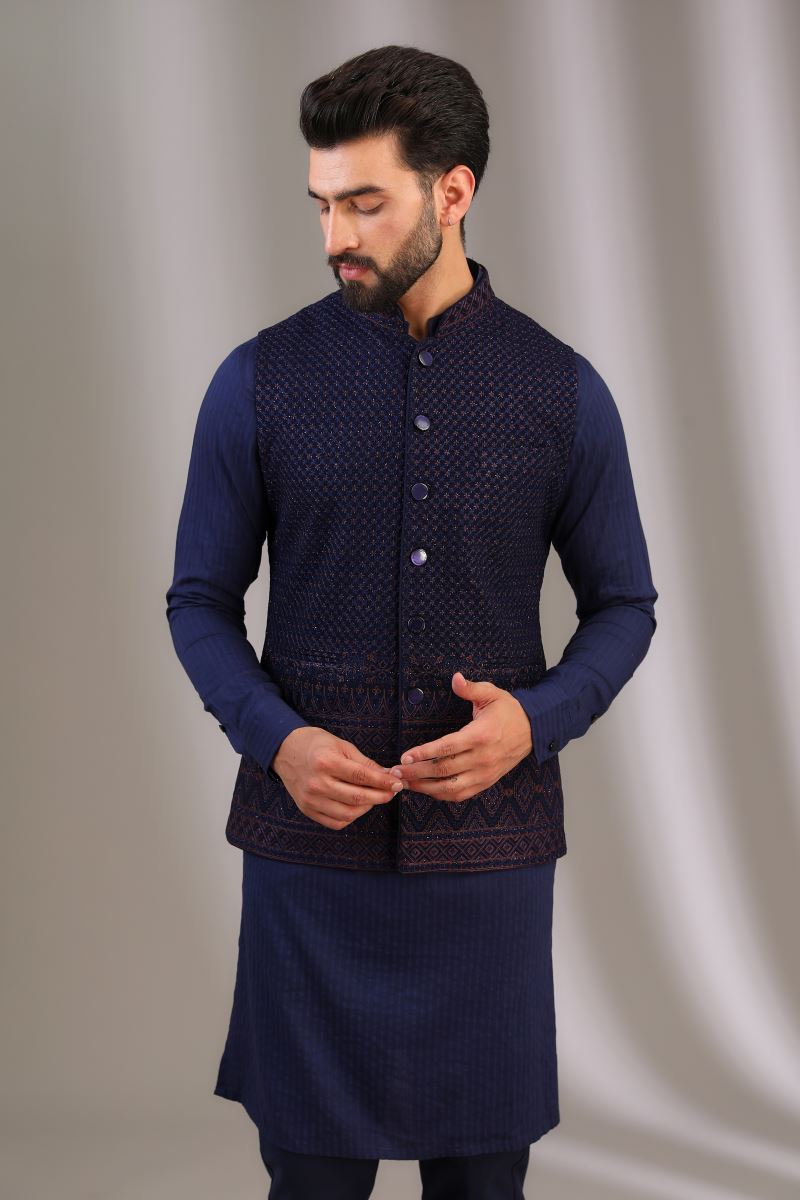 BLUE HEAVY BORDER AT BOTTOM WITH FULL THREAD AND SEQUINS JAAL BUNDI