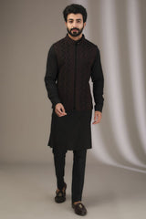 BLACK THREAD WORK AND SEQUINS BUNDI WITH KURTA AND PANTS
