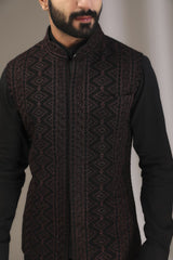 BLACK THREAD WORK AND SEQUINS BUNDI WITH KURTA AND PANTS