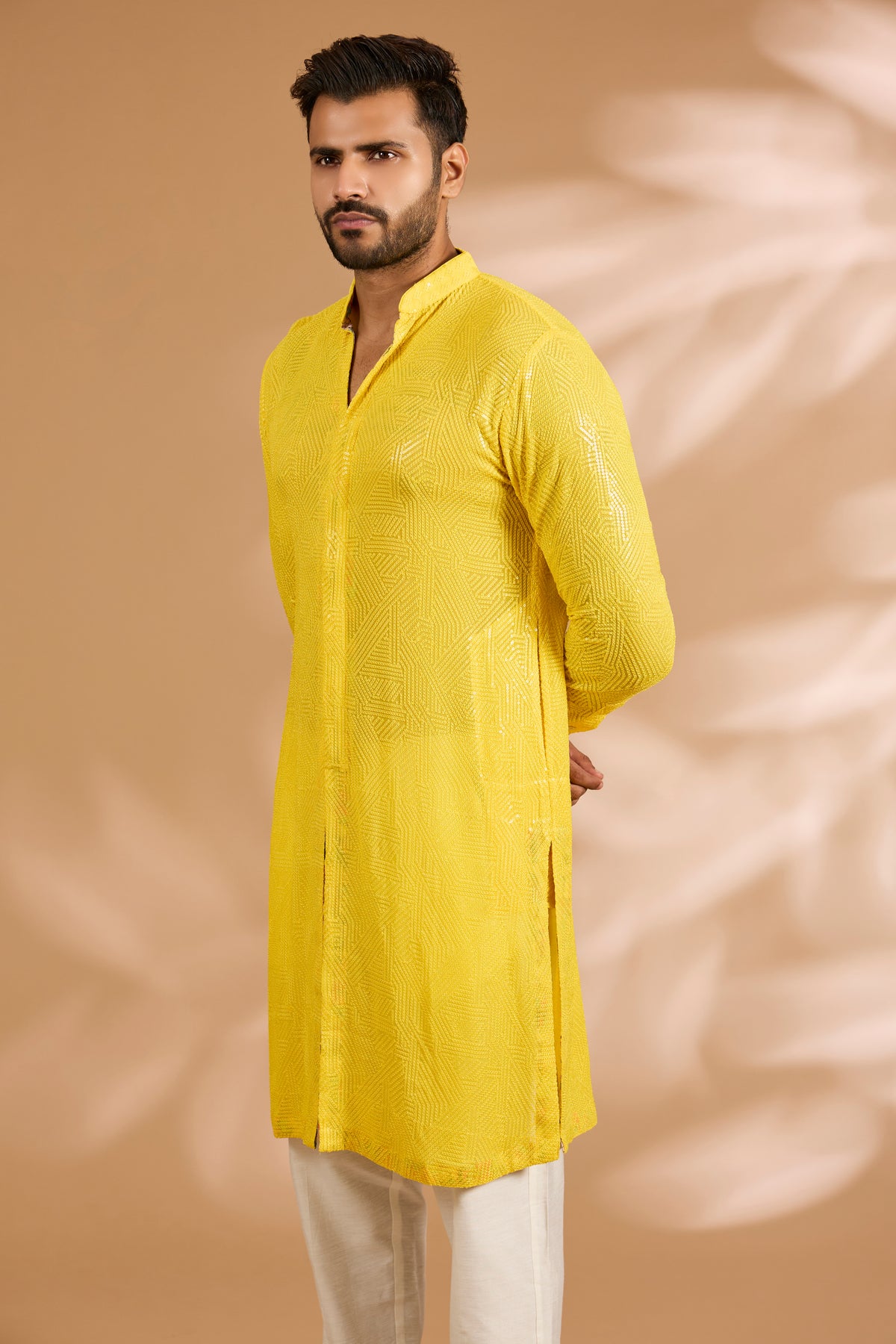 Yellow Front Open Georgette Sequin & Thread Jaal Kurta Set