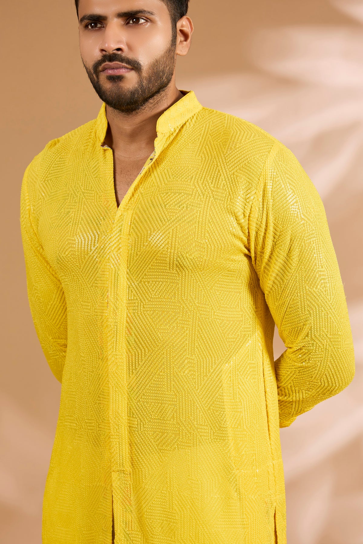 Yellow Front Open Georgette Sequin & Thread Jaal Kurta Set