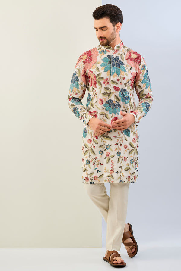 OFFWHITE GORGETTE LINED  FULLY EMBOIDERED MULTI COLOR THREAD SEQUIN EMBOIDERED KURTA WITH MATCHING COTTON SILK PANT