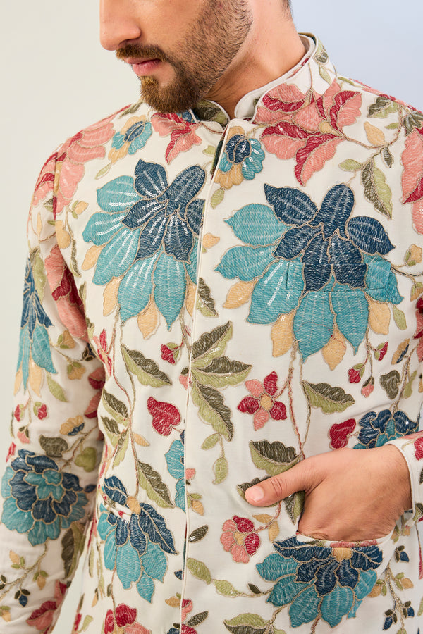 OFFWHITE GORGETTE LINED  FULLY EMBOIDERED MULTI COLOR THREAD SEQUIN EMBOIDERED KURTA WITH BUNDI AND MATCHING COTTON SILK PANT