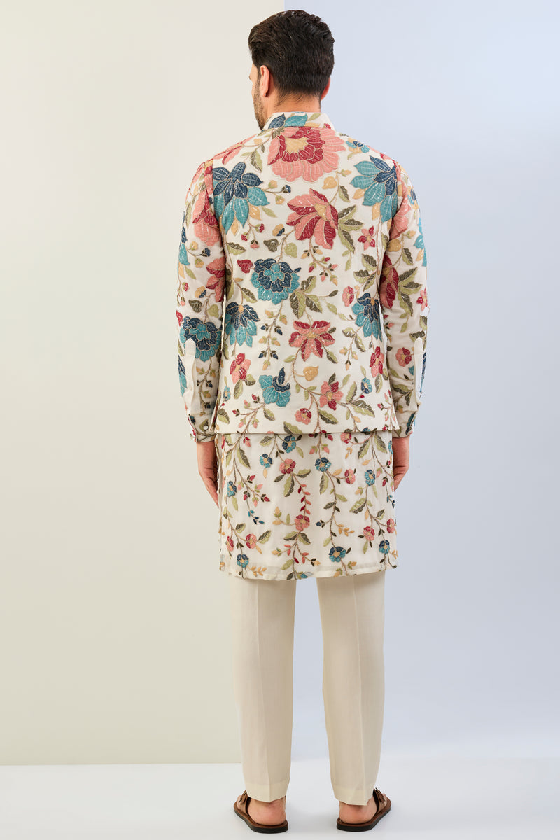 OFFWHITE GORGETTE LINED  FULLY EMBOIDERED MULTI COLOR THREAD SEQUIN EMBOIDERED KURTA WITH BUNDI AND MATCHING COTTON SILK PANT