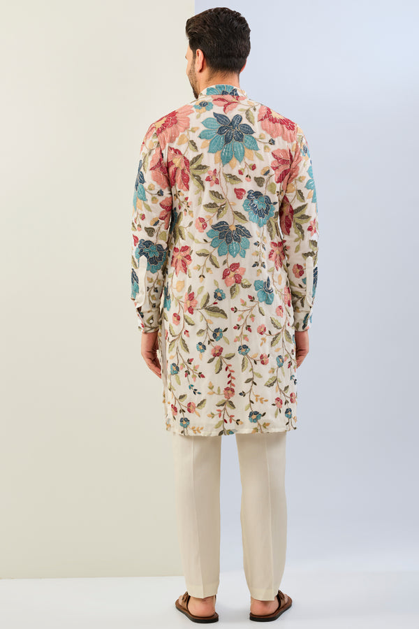 OFFWHITE GORGETTE LINED  FULLY EMBOIDERED MULTI COLOR THREAD SEQUIN EMBOIDERED KURTA WITH MATCHING COTTON SILK PANT