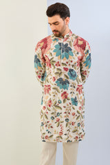 OFFWHITE GORGETTE LINED  FULLY EMBOIDERED MULTI COLOR THREAD SEQUIN EMBOIDERED KURTA WITH MATCHING COTTON SILK PANT