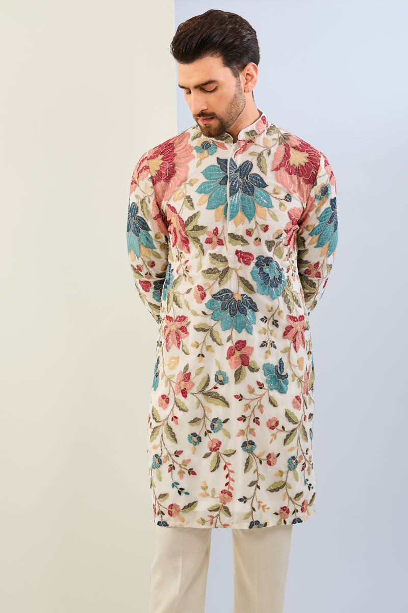 OFFWHITE GORGETTE LINED  FULLY EMBOIDERED MULTI COLOR THREAD SEQUIN EMBOIDERED KURTA WITH MATCHING COTTON SILK PANT