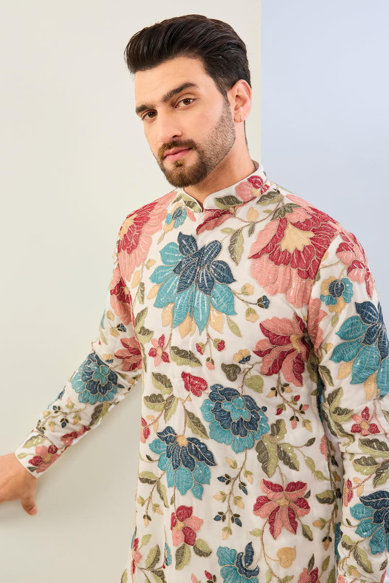 OFFWHITE GORGETTE LINED  FULLY EMBOIDERED MULTI COLOR THREAD SEQUIN EMBOIDERED KURTA WITH MATCHING COTTON SILK PANT