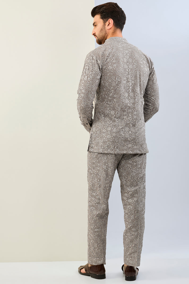 GREY GOREGTTE THREAD EMBOIDERED  SHIRT AND  PAJAMA