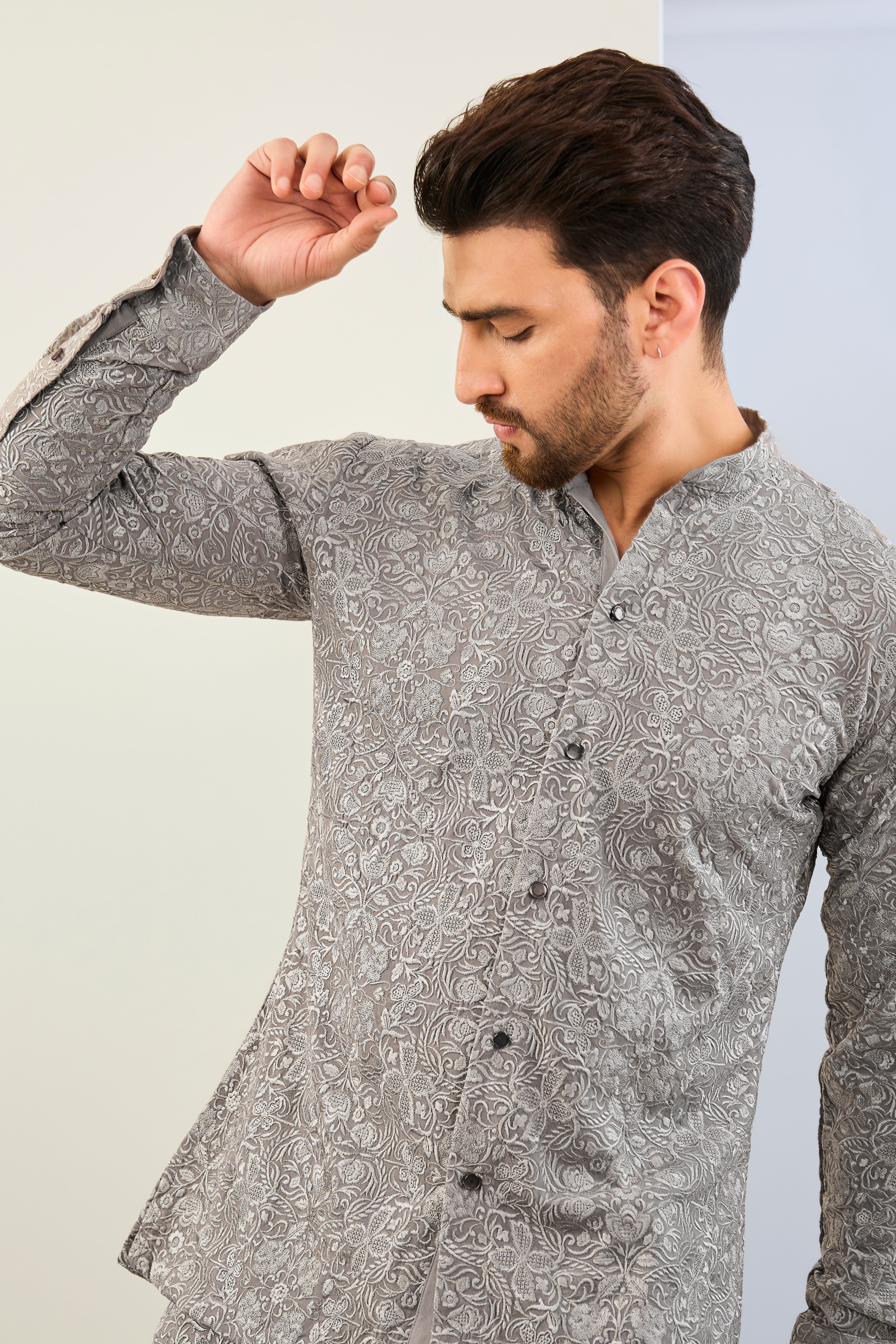 GREY GOREGTTE THREAD EMBOIDERED  SHIRT AND  PAJAMA