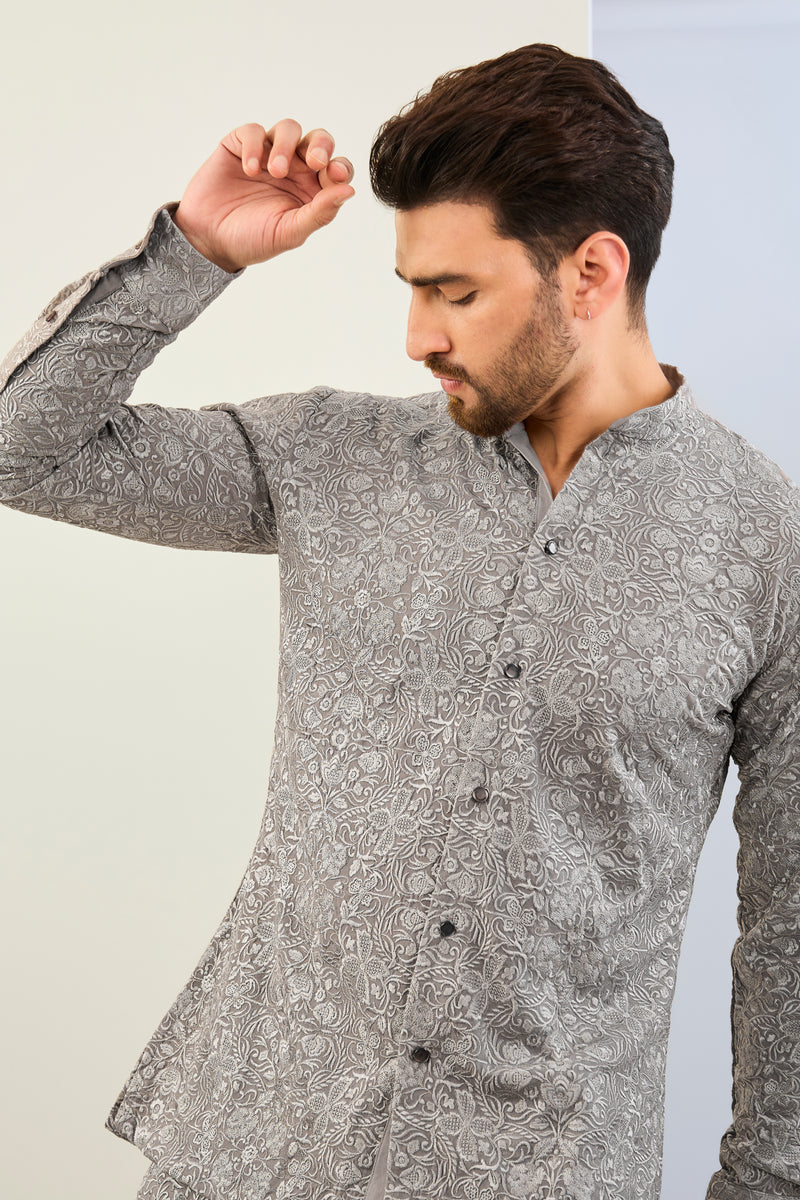 GREY GOREGTTE THREAD EMBOIDERED  SHIRT AND  PAJAMA