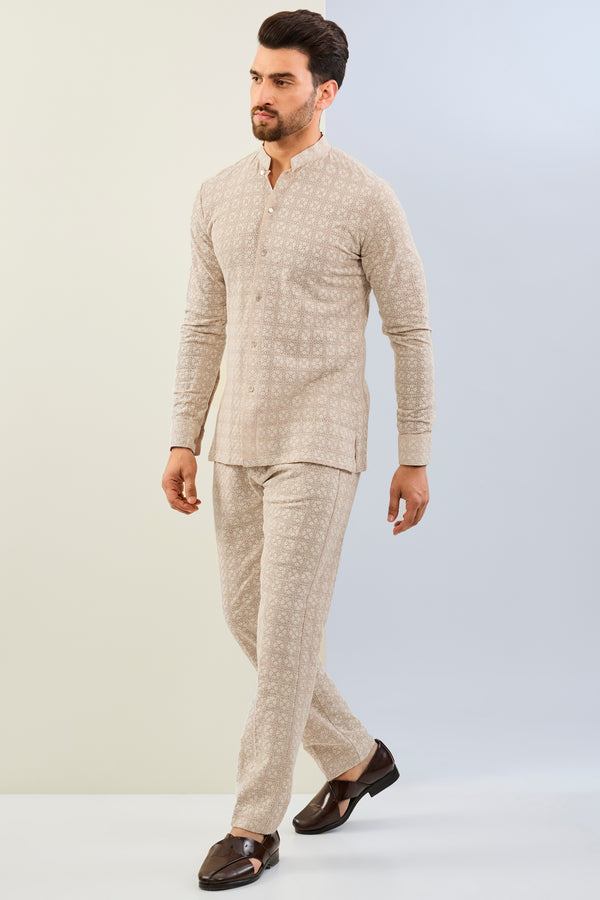 CREAM GOREGTTE THREAD EMBOIDERED SHIRT AND  PAJAMA