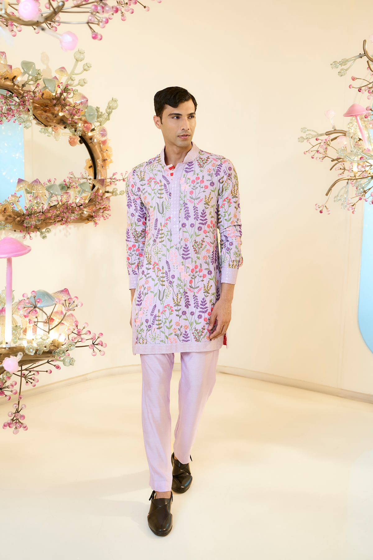 Lilac Raw Silk Floral Threadwork Kurta Set