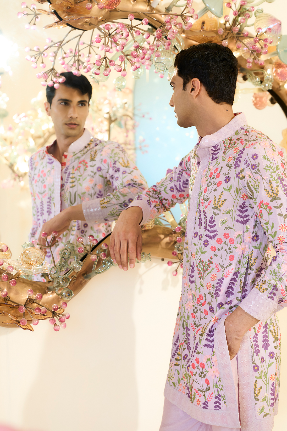 Lilac Raw Silk Floral Threadwork Kurta Set