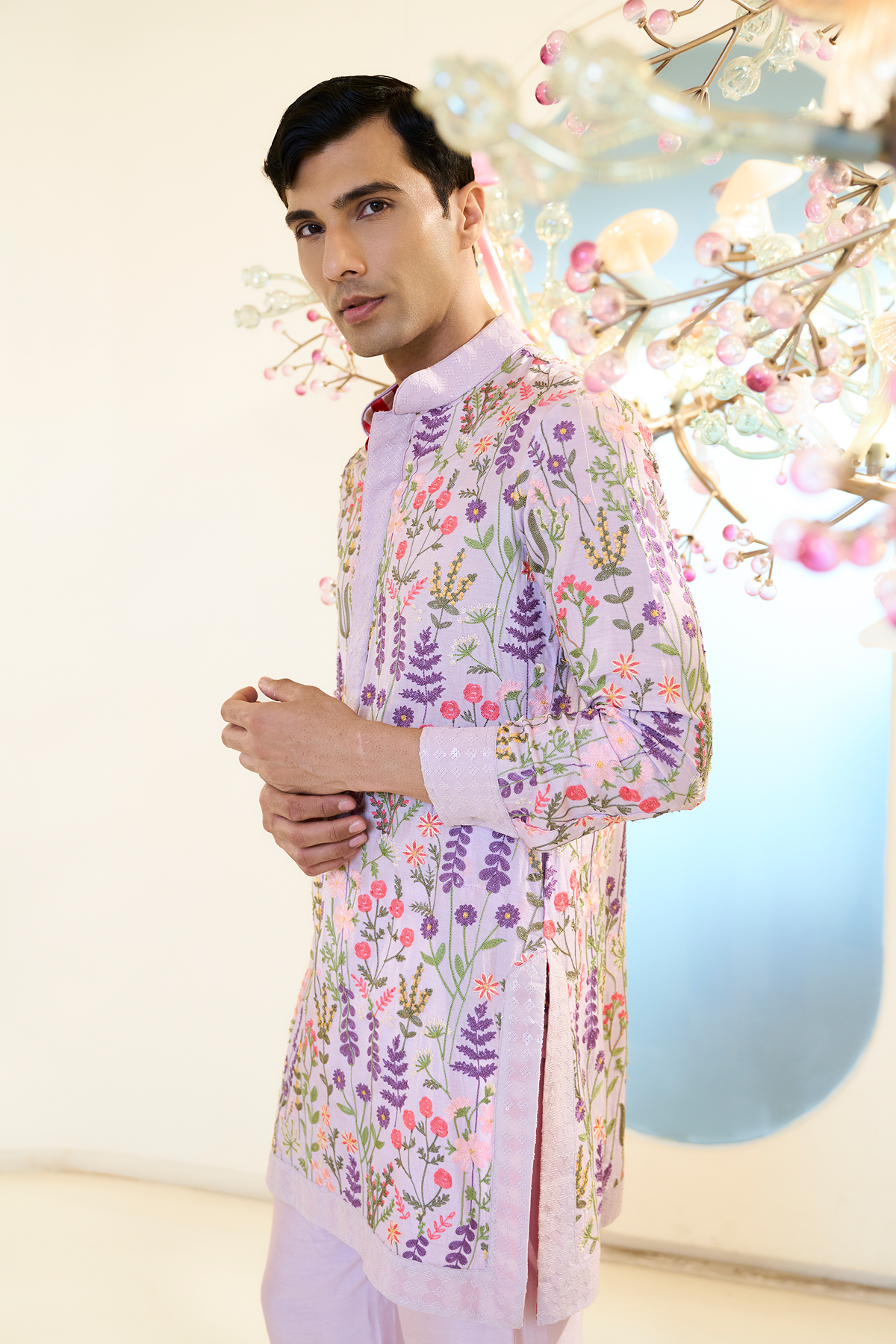 Lilac Raw Silk Floral Threadwork Kurta Set