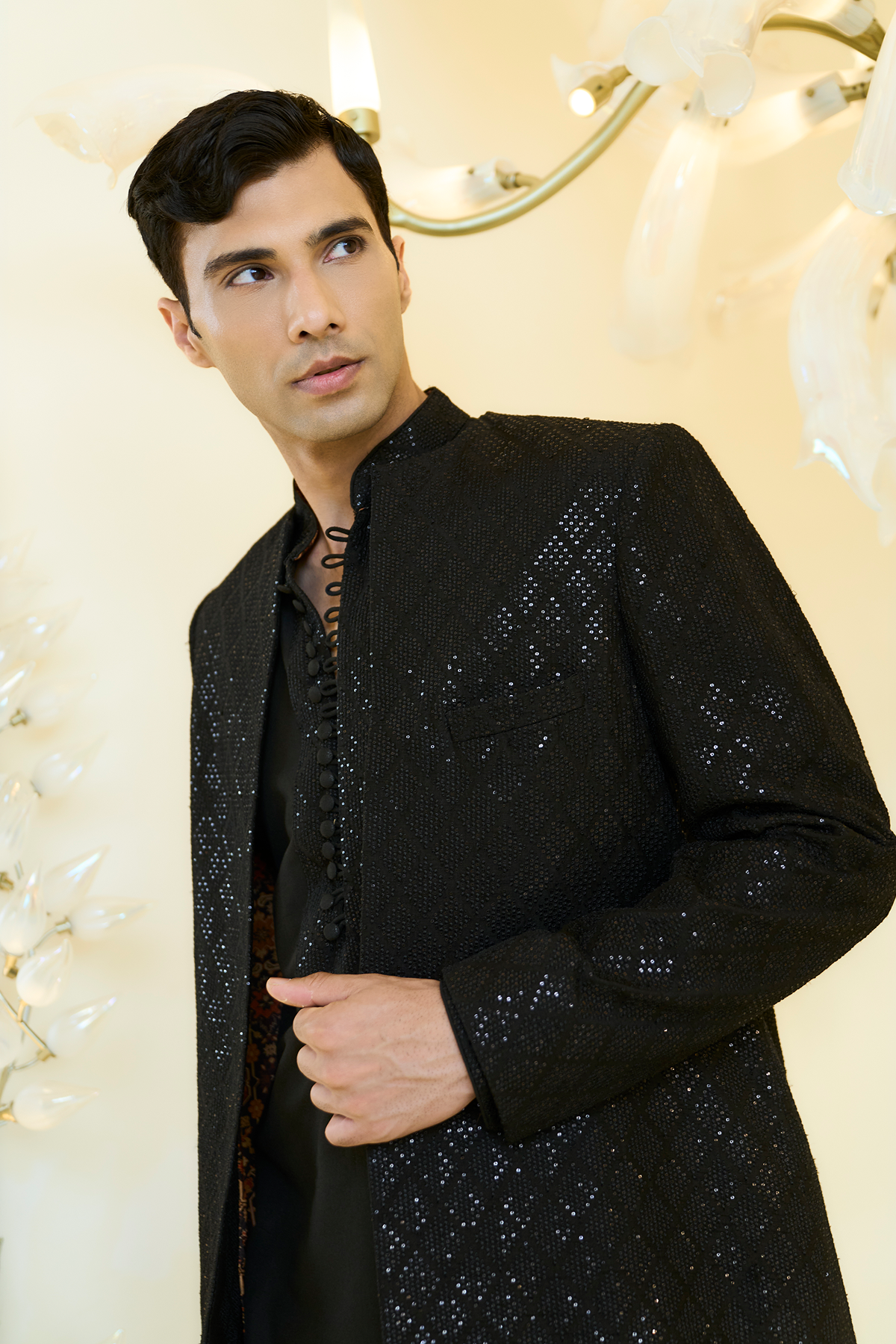 Black Silk Thread & Sequin Jacket Kurta Set