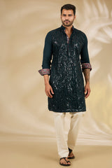 Bottle Green Sequin Net Kurta Set