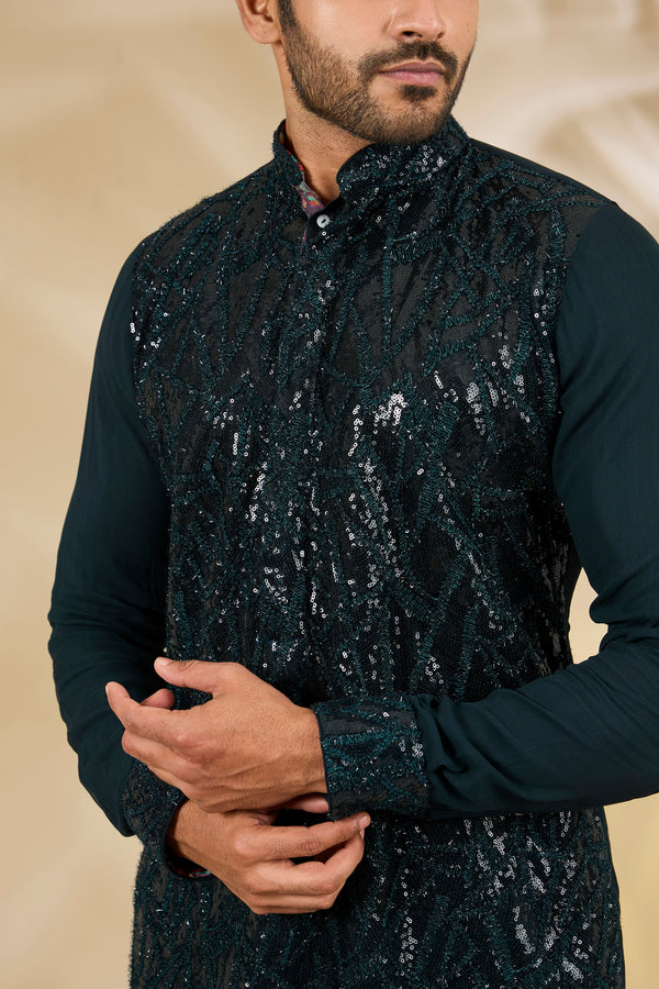 Bottle Green Sequin Net Kurta Set