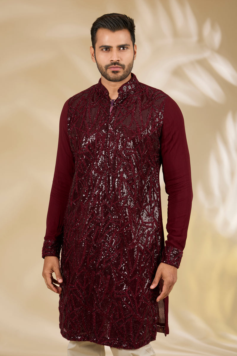 Oxblood Net Sequin Kurta Set