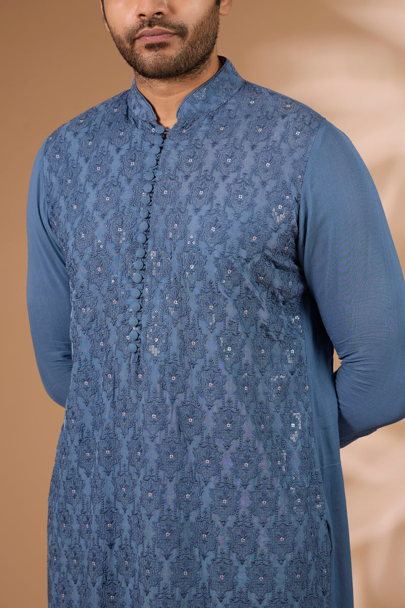 Teal Georgette Kurta – Sequin & Thread, Off-White Pant
