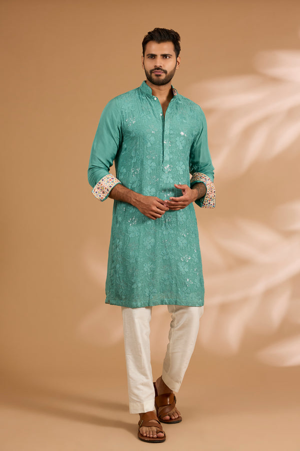 Aqua Green Organza Sequin & Thread Embroidered Kurta Set