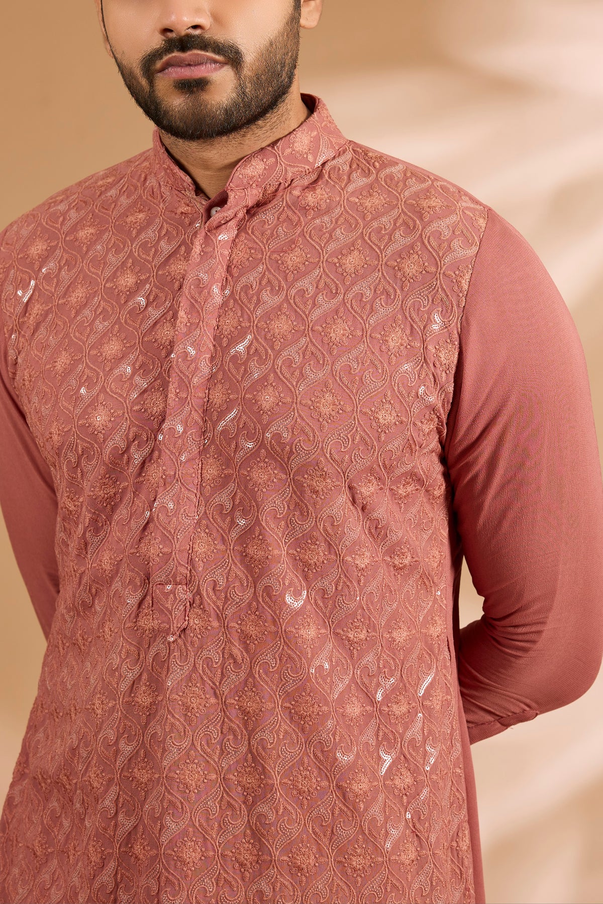 Burnt Orange Georgette Sequin & Thread Jaal Embroidered Kurta Set
