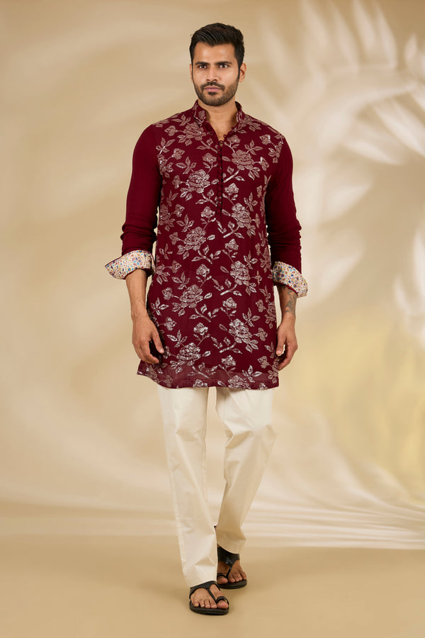 Maroon Sequin Flower Kurta Set