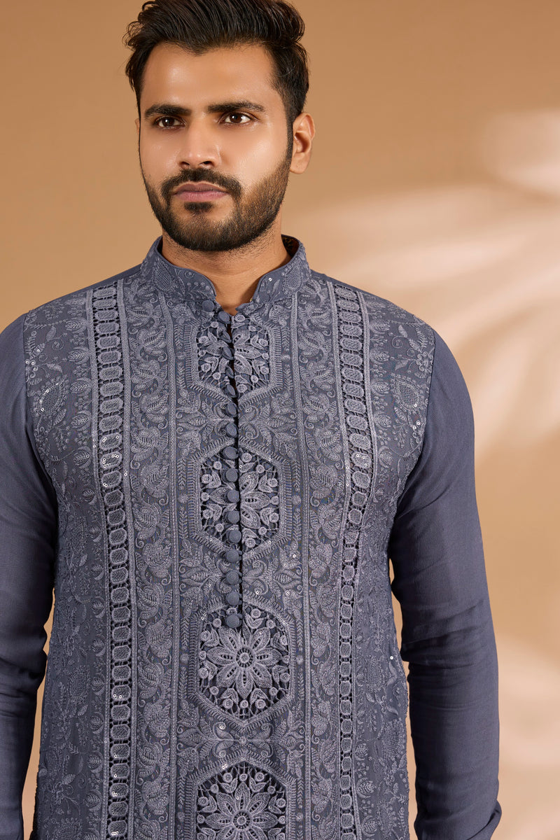 Black Georgette Sequin Zig-Zag Kurta Set