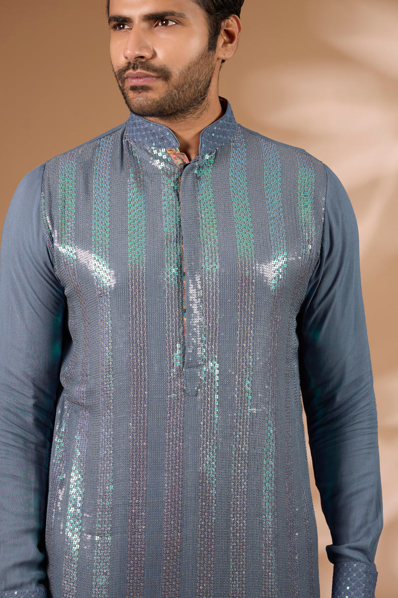 Teal Georgette Kurta – Sequin, Off-White Pant